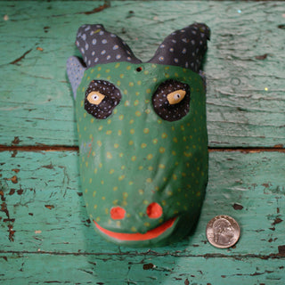 Large Clay Painted Animal Masks Whimsical Zinnia Folk Arts Green with Black Eyes  