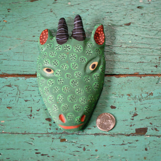 Large Clay Painted Animal Masks Whimsical Zinnia Folk Arts Green with Small Black Antlers  