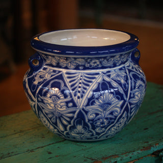 Large Michoacana Flower Pots, Traditional Talavera Design Ceramics Zinnia Folk Arts Blue and White  