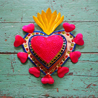 Large Painted 3-D Tin Mexican Heart with Hearts Fiesta Zinnia Folk Arts 3 Layer Pink Heart with Yellow Flame  