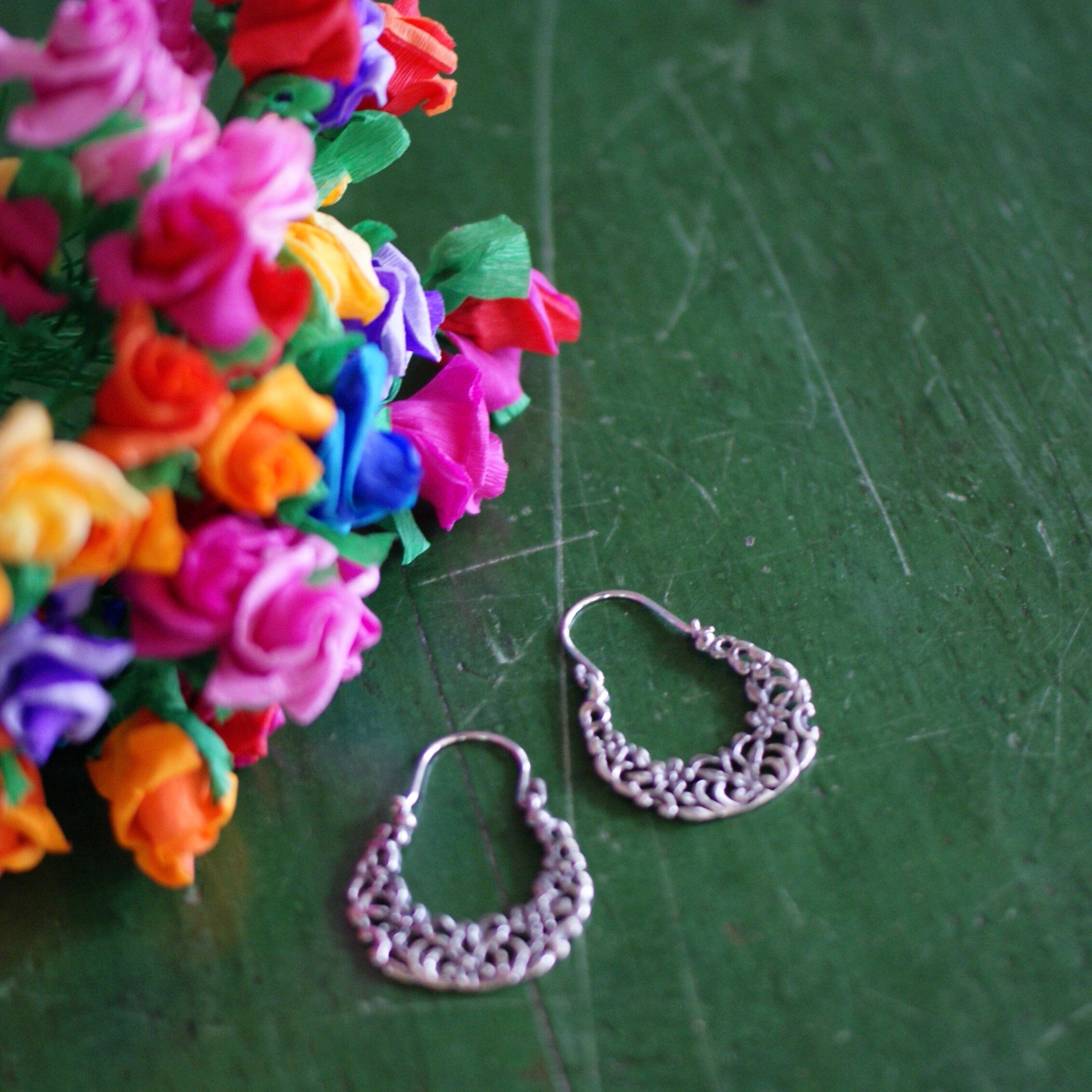 Large Sandcast Arracadas With Flowers, Sterling Silver Jewelry Moosepablos   