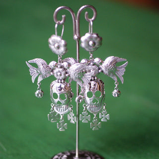 Large Sterling Silver Sugar Skull Earrings Day of the Dead Zinnia Folk Arts   