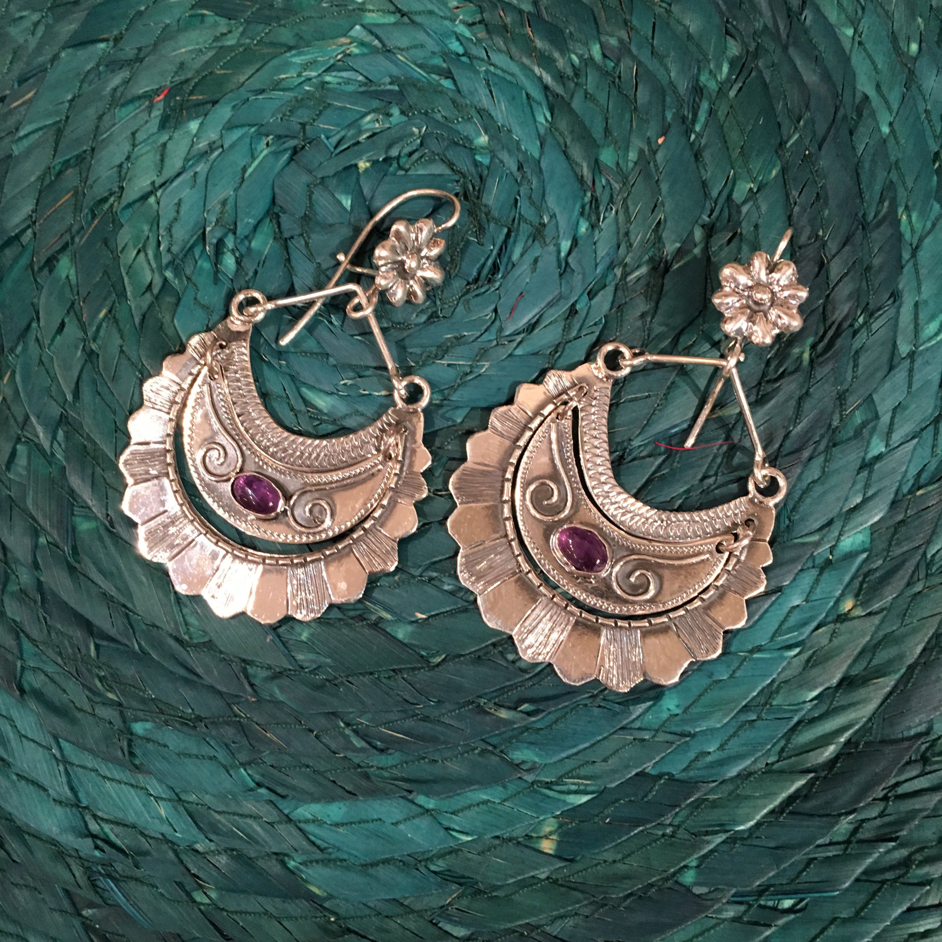 Large Tlaxcala Arracadas Sterling Silver Earrings Jewelry Zinnia Folk Arts   