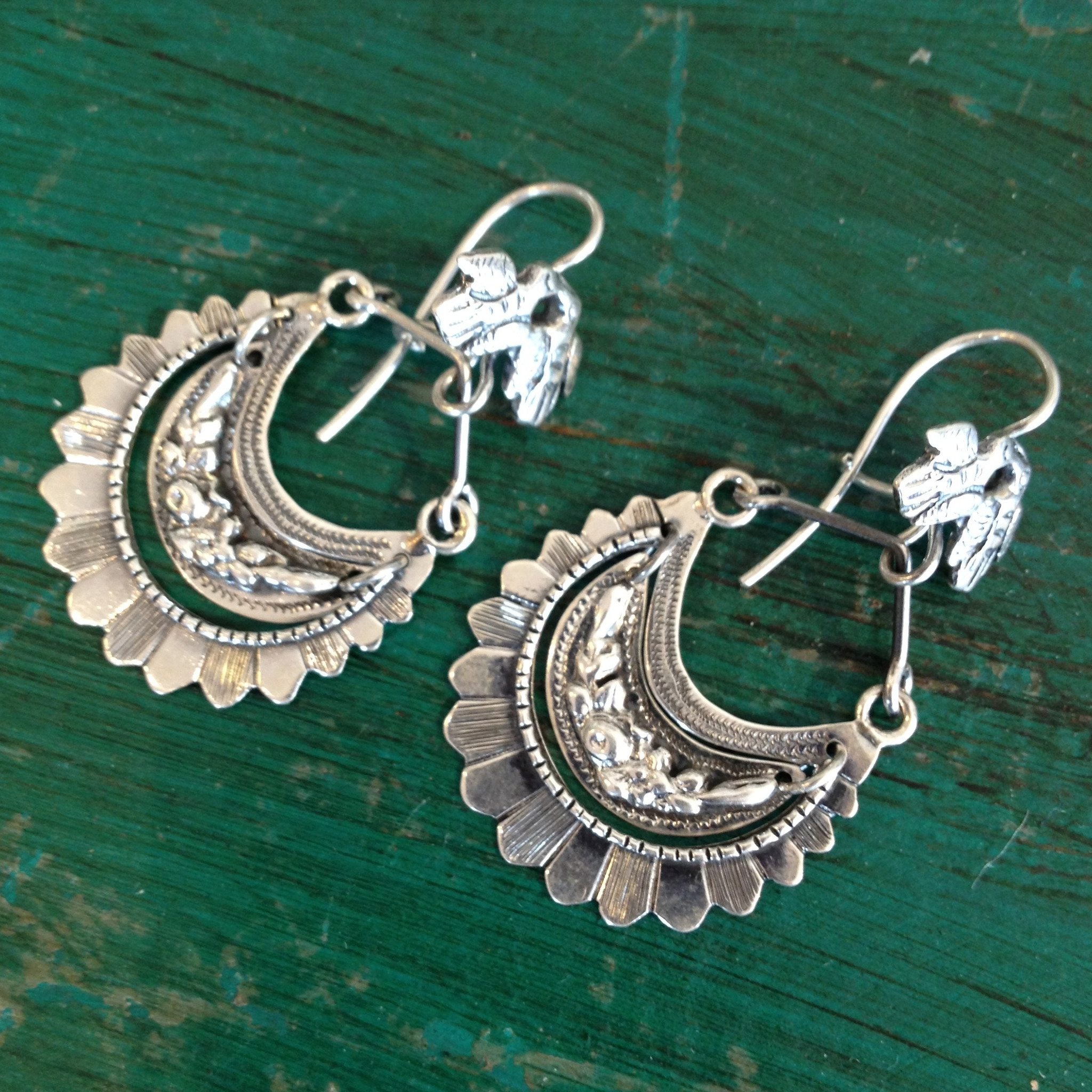 Large Tlaxcala Arracadas Sterling Silver Earrings Jewelry Zinnia Folk Arts   
