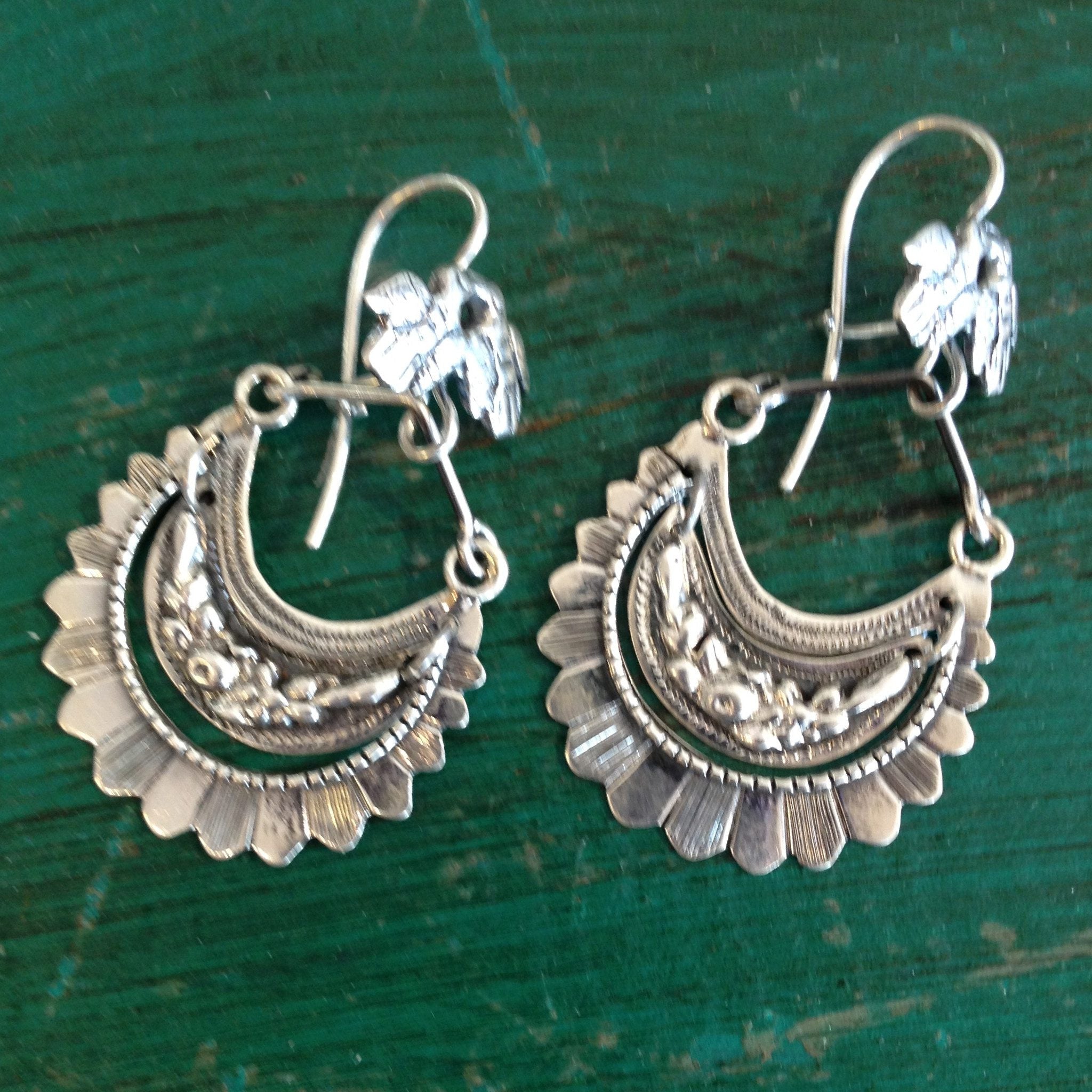 Large Tlaxcala Arracadas Sterling Silver Earrings Jewelry Zinnia Folk Arts   