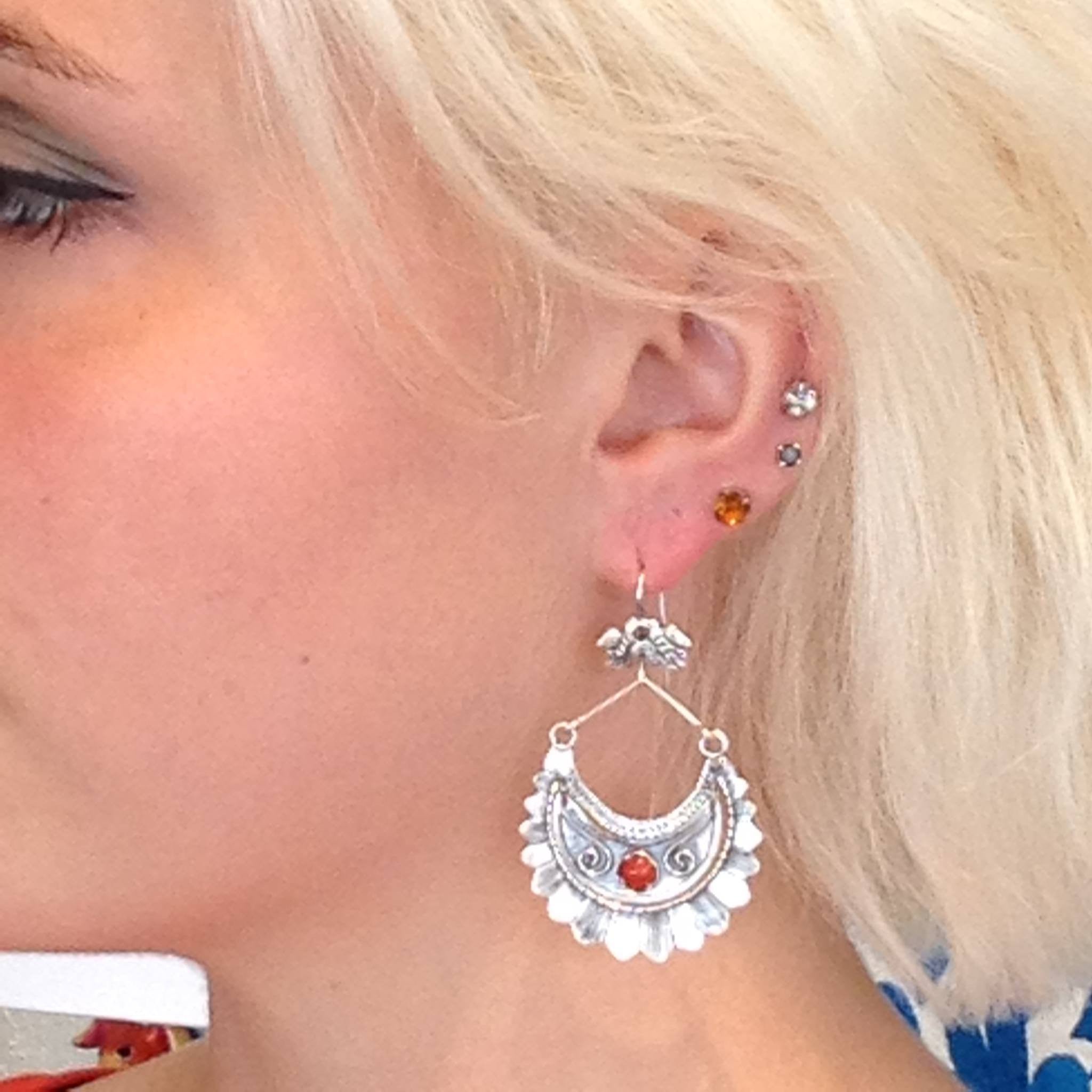 Large Tlaxcala Arracadas Sterling Silver Earrings Jewelry Zinnia Folk Arts Coral with Lovebirds  