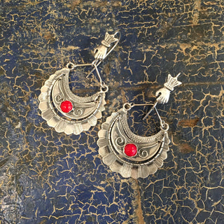 Large Tlaxcala Arracadas Sterling Silver Earrings Jewelry Zinnia Folk Arts Red Coral Stone with Fist  