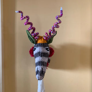 Large Wool Animal Head Trophies from Chiapas Zinnia Folk Arts Gray & White Striped with Curly Horns