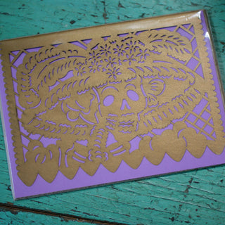 Laser Cut Catrina Cards  Zinnia Folk Arts Golden Brown on Purple  