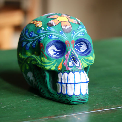 Linares Paper Mache Skulls, Medium Day of the Dead Zinnia Folk Arts Green  
