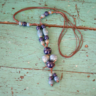 Long Blue Ceramic Bead Necklace  Zinnia Folk Arts   
