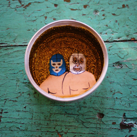 Lucha Libre Decorated Nicho Boxes Whimsical Zinnia Folk Arts Two Luchadores in a Can  