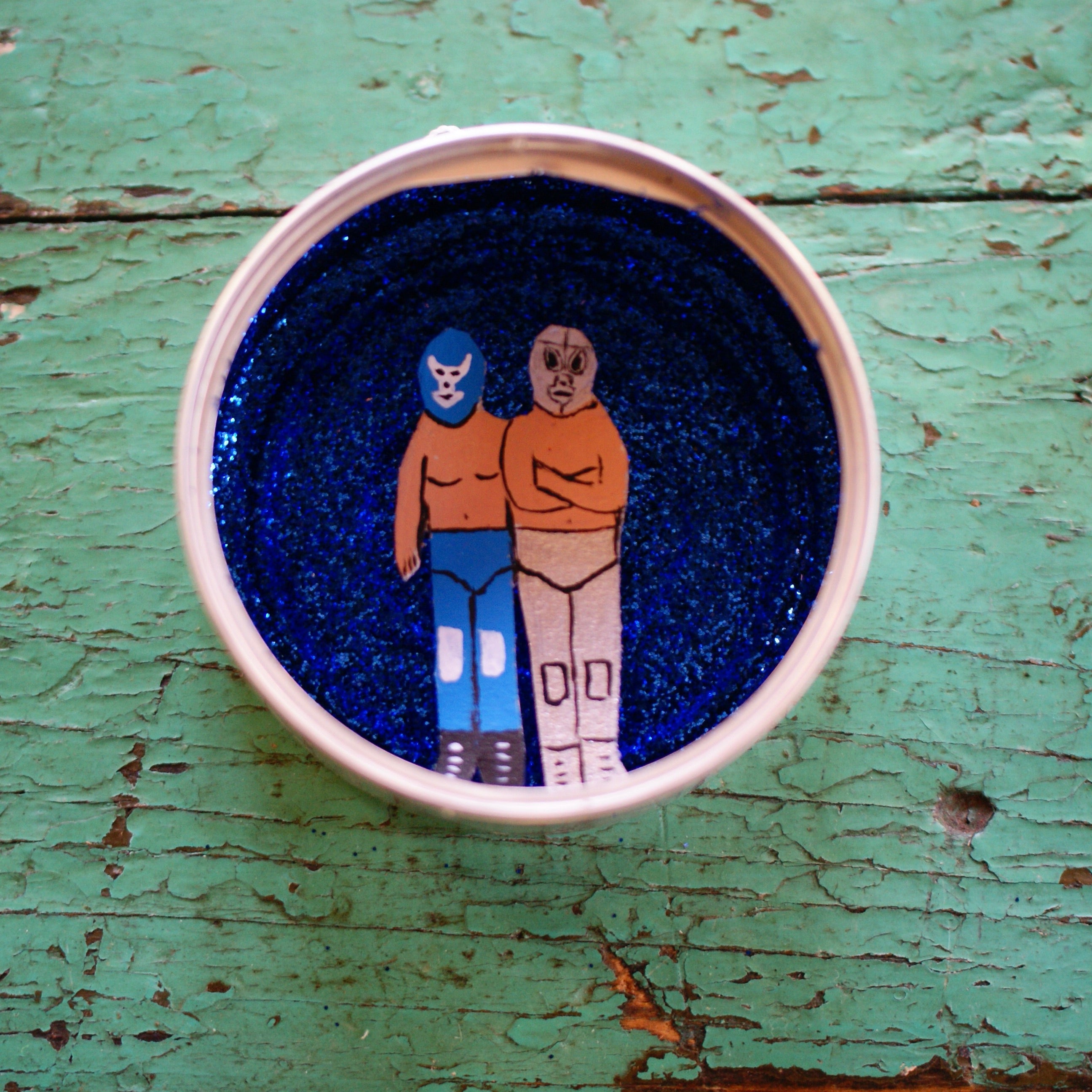 Lucha Libre Decorated Nicho Boxes Whimsical Zinnia Folk Arts Two Luchas on Dark Blue Glitter  