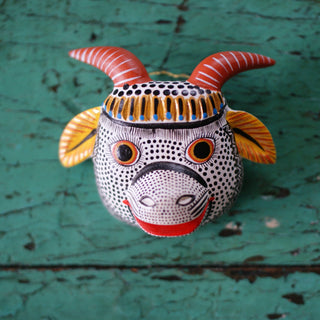 Medium Carved and Painted Animal Masks, Xuana Whimsical Zinnia Folk Arts Black and White Toro  