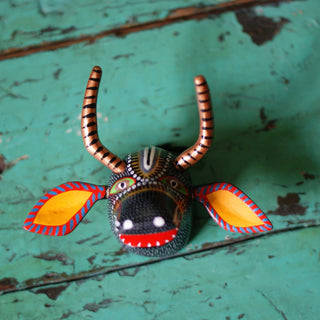 Medium Carved and Painted Animal Masks, Xuana Whimsical Zinnia Folk Arts Black Toro with Detachable Ears & Horns  