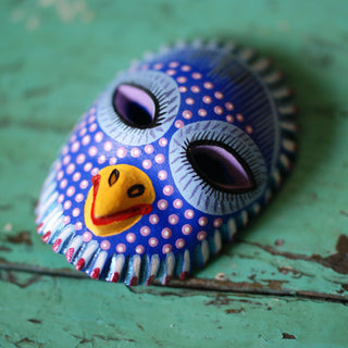 Medium Carved and Painted Animal Masks, Xuana Whimsical Zinnia Folk Arts Blue Bird with Open Eyes  