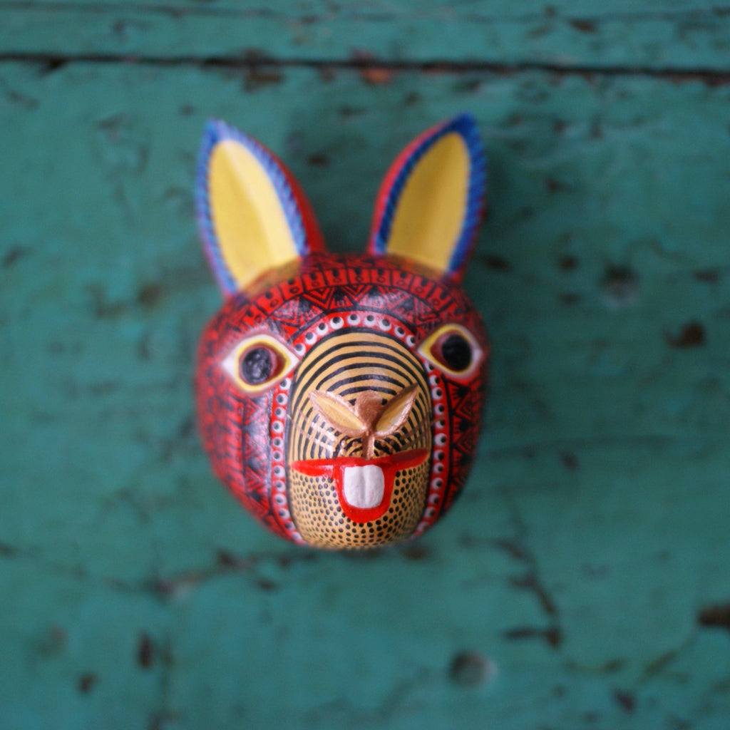 Medium Carved and Painted Animal Masks, Xuana Whimsical Zinnia Folk Arts Red Bunny with Yellow Ears  