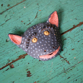 Medium Clay Painted Animal Masks Whimsical Zinnia Folk Arts Gray Creature with Heavy Eyebrows  