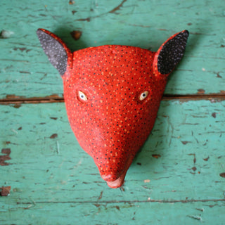 Medium Clay Painted Animal Masks Whimsical Zinnia Folk Arts Red Creature with Black Ears  