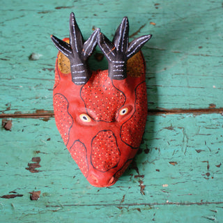 Medium Clay Painted Animal Masks Whimsical Zinnia Folk Arts Red Reindeer with Slightly Cracked Antlers  