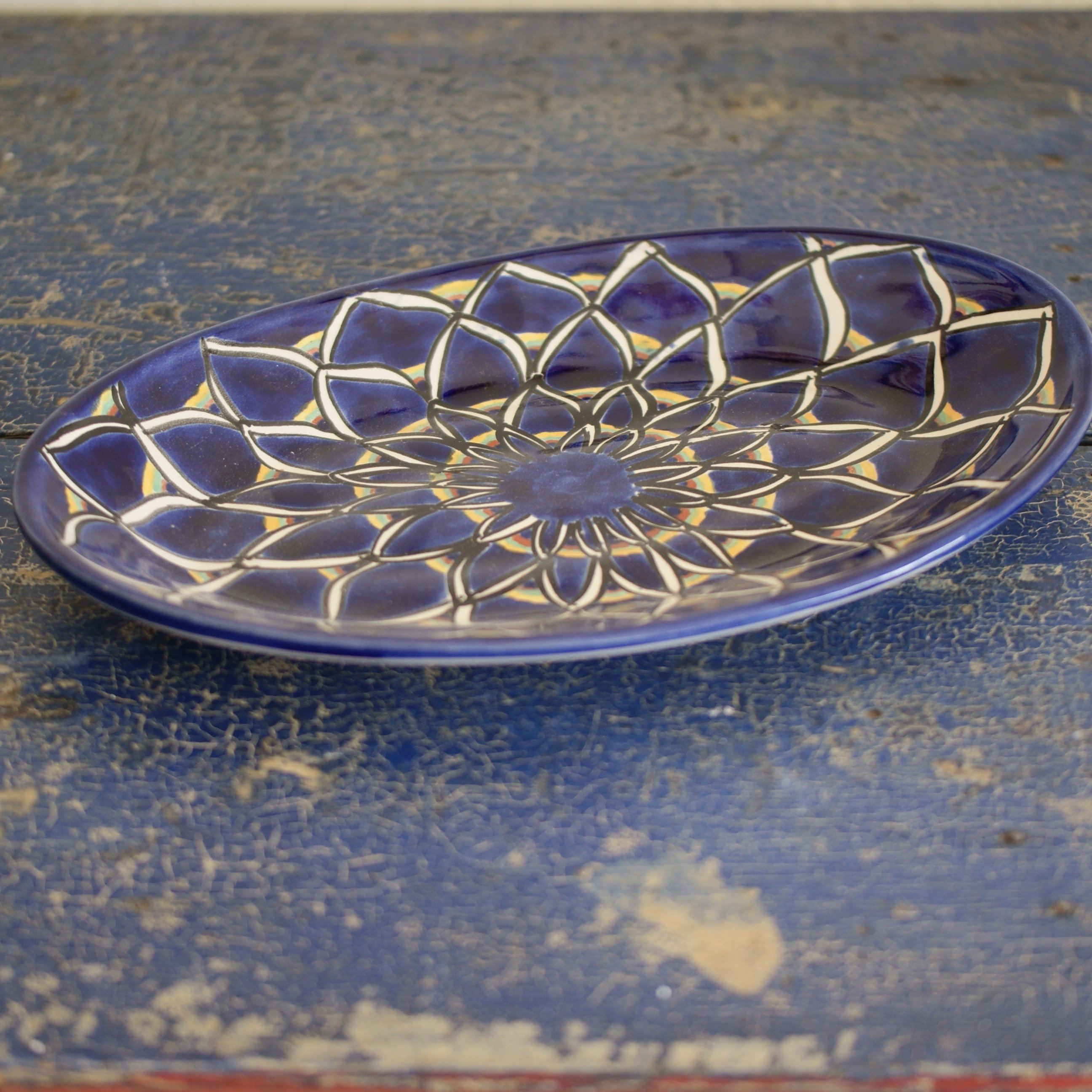 Medium Talavera Serving Platter, Ready to Ship Ceramics Zinnia Folk Arts Blue Zinnia  