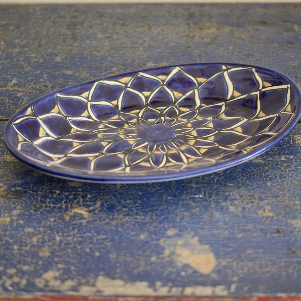 Medium Talavera Serving Platter, Ready to Ship Ceramics Zinnia Folk Arts Blue Zinnia  