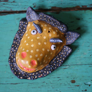 Medium/Small Clay Painted Animal Masks Whimsical Zinnia Folk Arts Gold Spotted LIon  