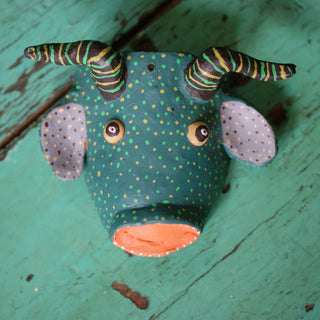 Medium/Small Clay Painted Animal Masks Whimsical Zinnia Folk Arts Green Goat with Horns  