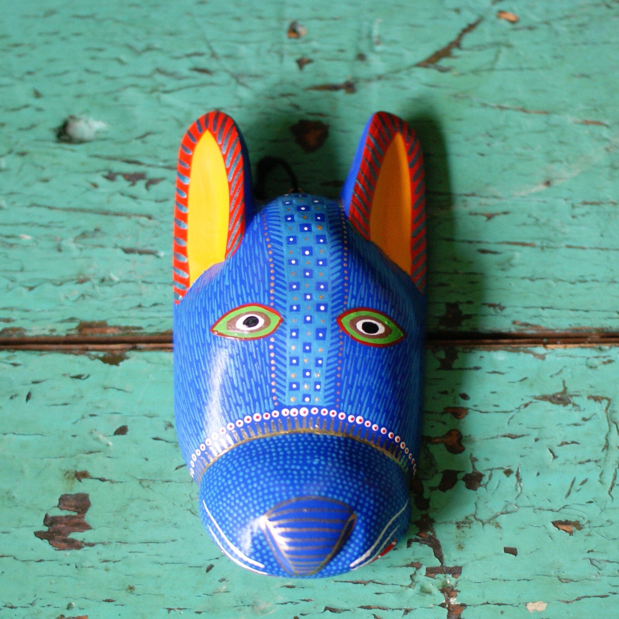 Med/Large Carved and Painted Animal Masks, Xuana Family Whimsical Zinnia Folk Arts Blue Burro  