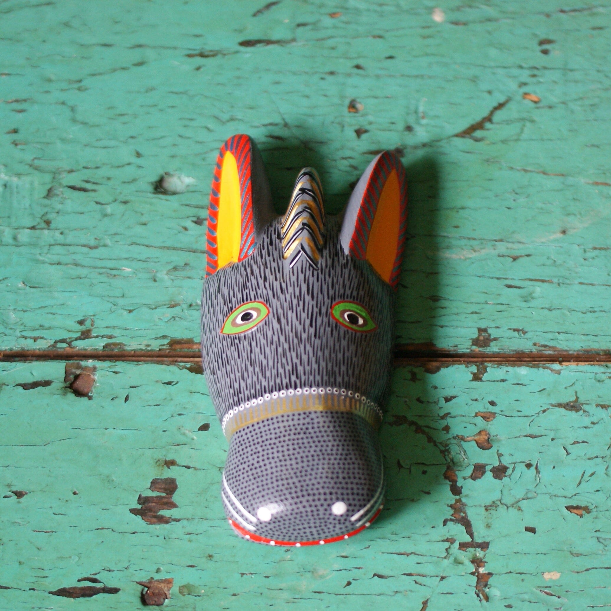 Med/Large Carved and Painted Animal Masks, Xuana Family Whimsical Zinnia Folk Arts Gray Burro with Rounded Ears  