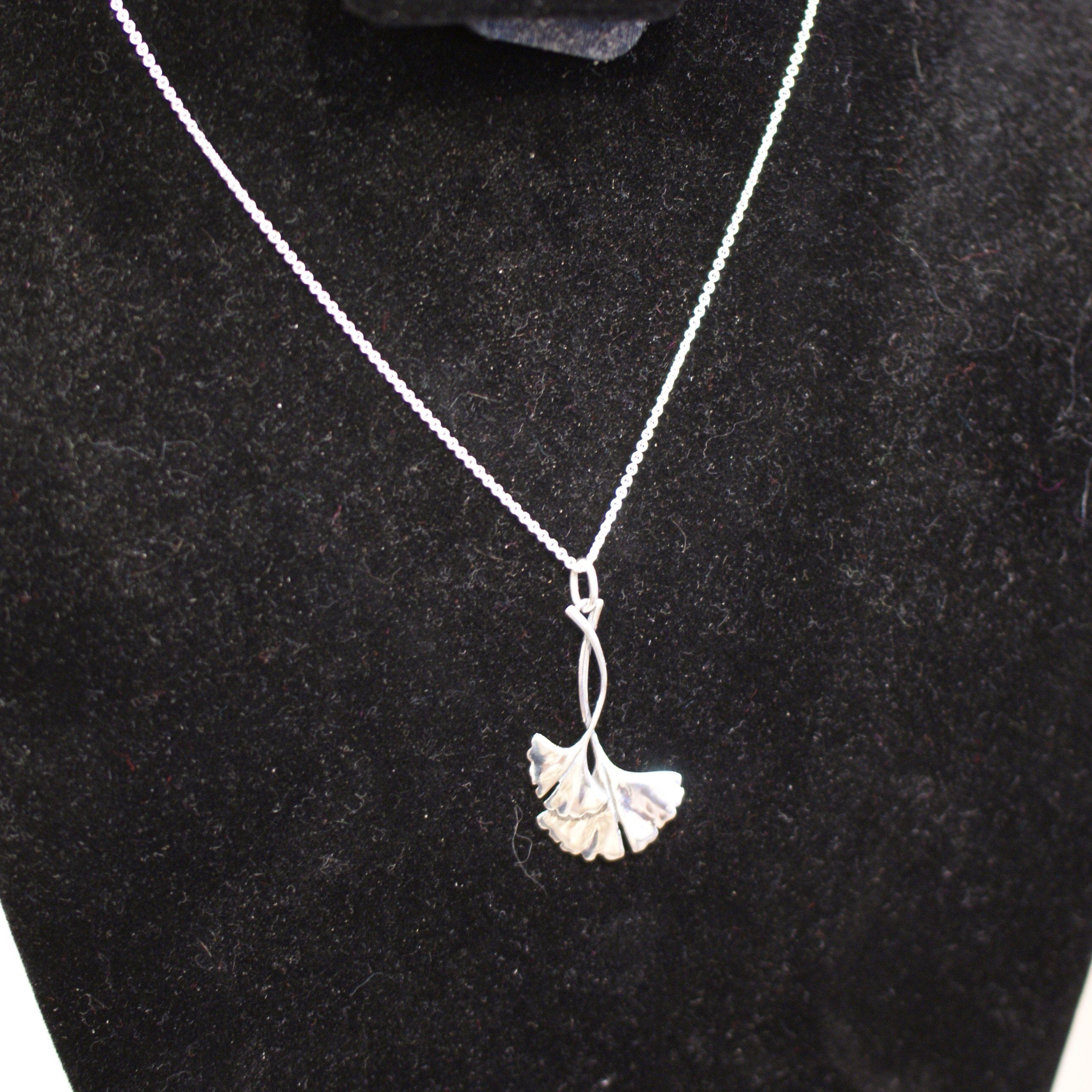 Mexican Gingko Necklace, Sterling Silver, Taxco Jewelry Zinnia Folk Arts   