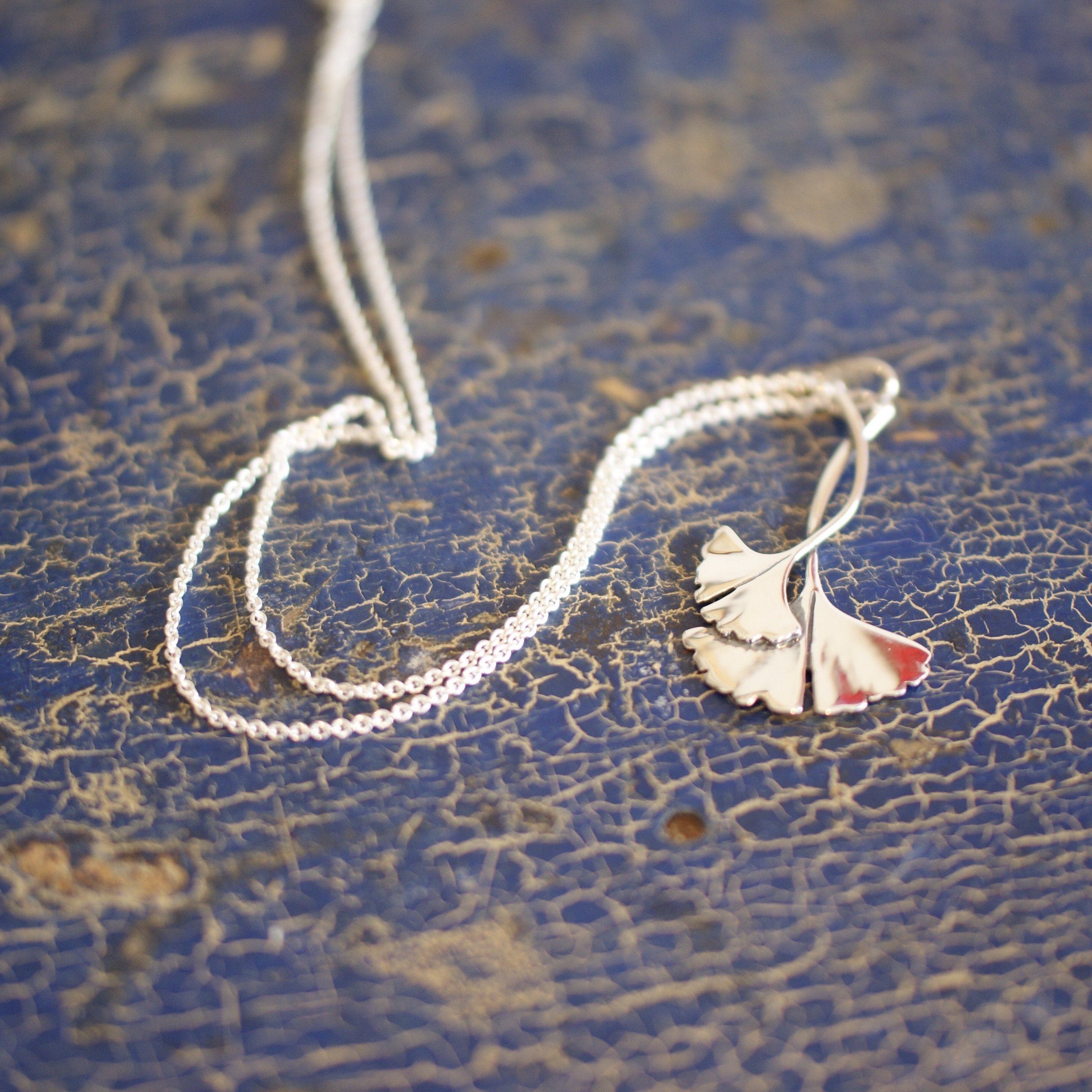 Mexican Gingko Necklace, Sterling Silver, Taxco Jewelry Zinnia Folk Arts   