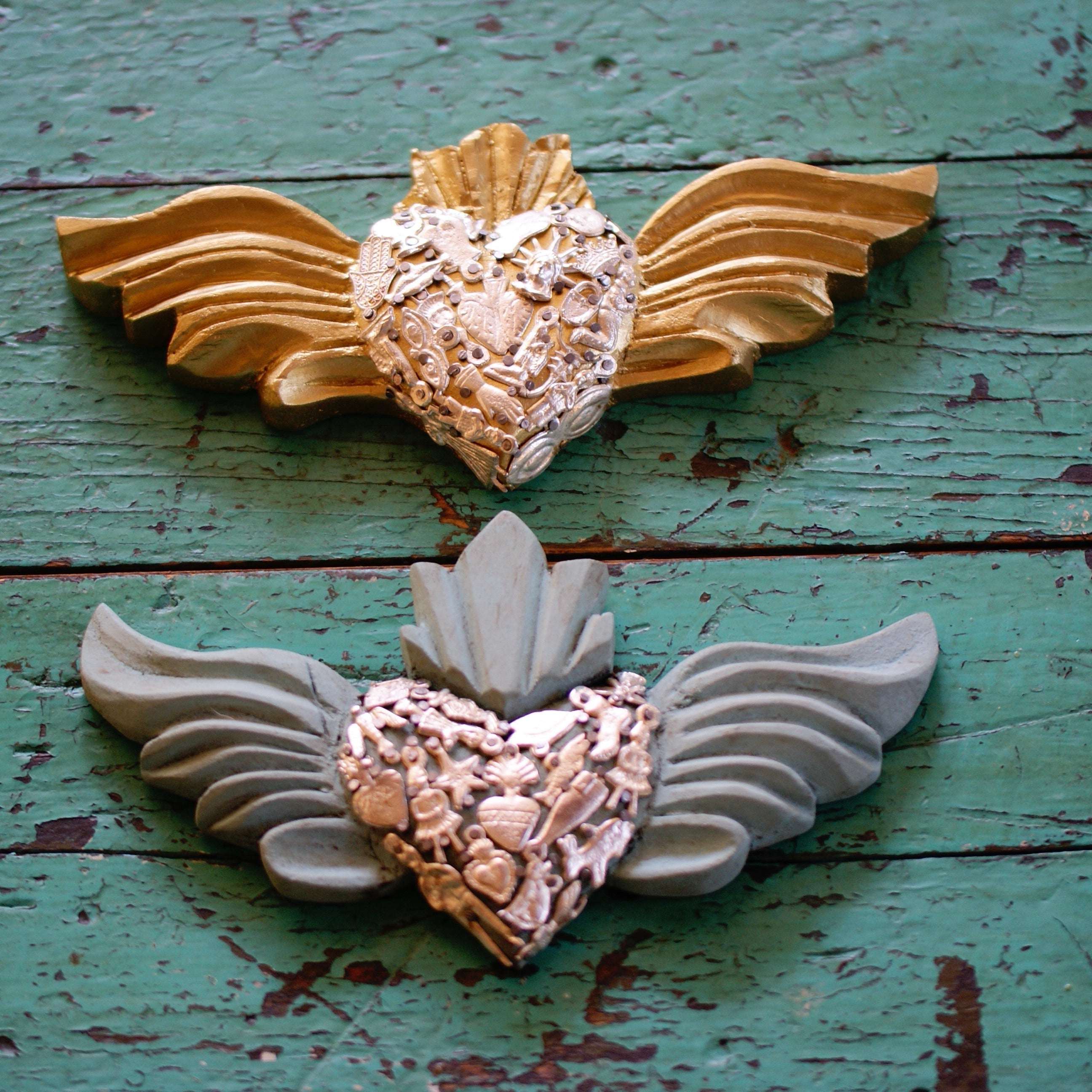 Mexican Milagro-Covered Hearts religious Zinnia Folk Arts Mini Heart with Wings  