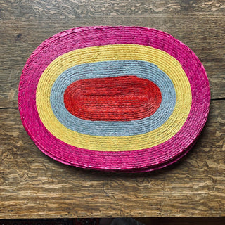 Mexican Palma Woven Placemats. Multi-Color Home Decor Zinnia Folk Arts Pink Edge  