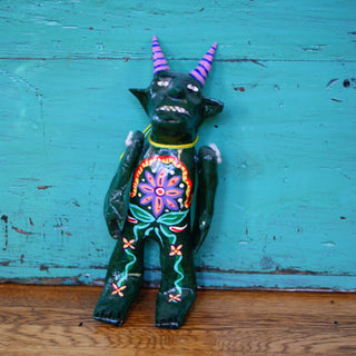Mexican Papel Mache Judas Figures, Small Whimsical Zinnia Folk Arts Dark Green  