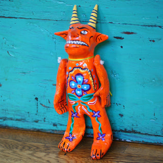 Mexican Papel Mache Judas Figures, Small Whimsical Zinnia Folk Arts Orange  