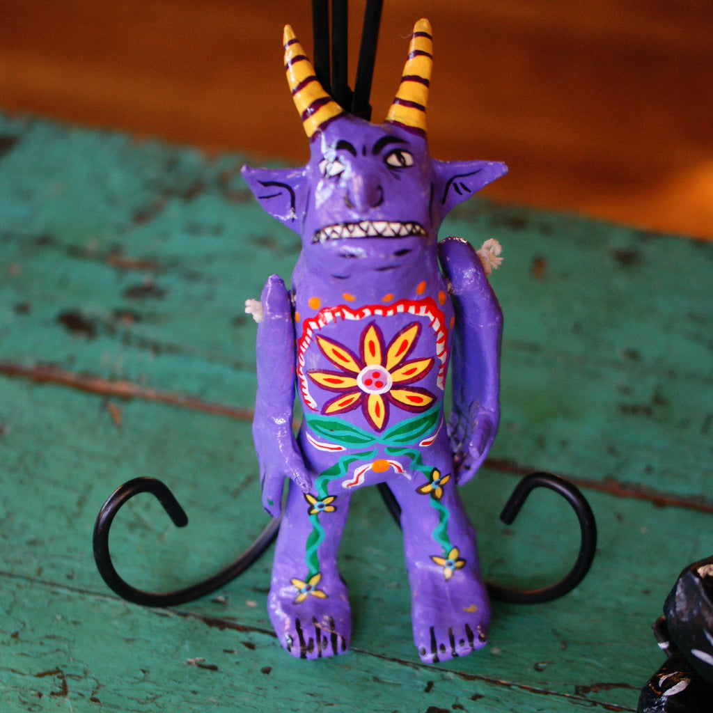 Mexican Papel Mache Judas Figures, Small Whimsical Zinnia Folk Arts Purple  