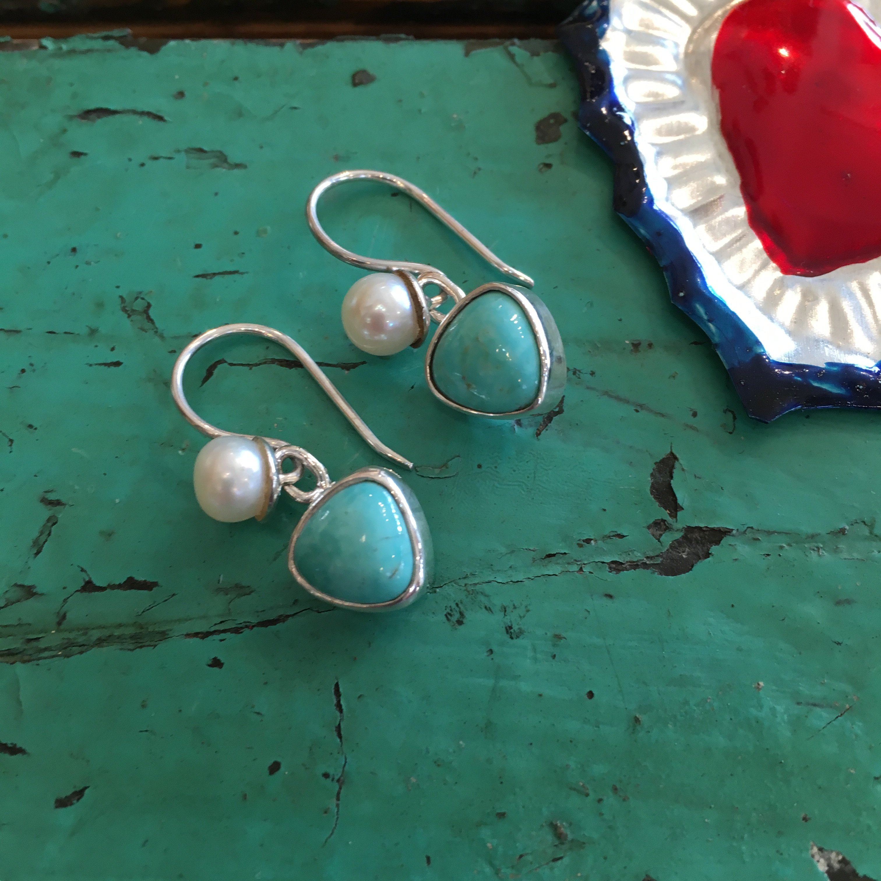 Mexican Small Stone, Pearl and Silver Earring earrings Zinnia Folk Arts   
