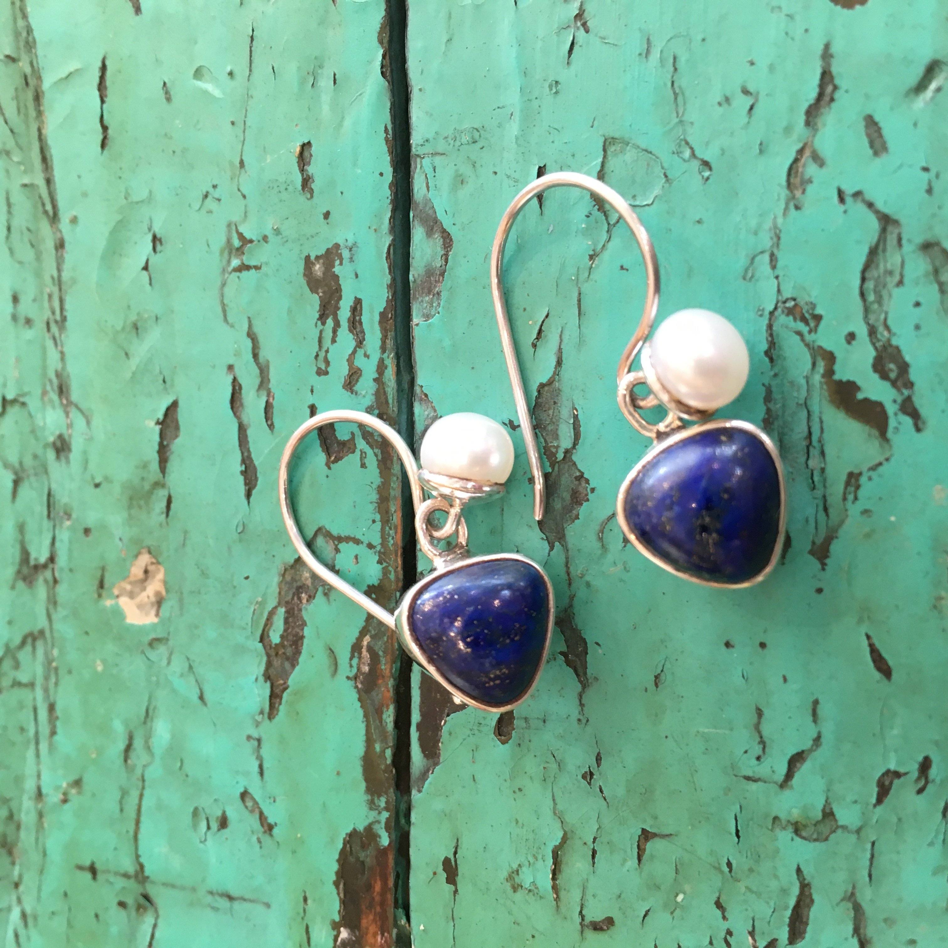 Mexican Small Stone, Pearl and Silver Earring earrings Zinnia Folk Arts   