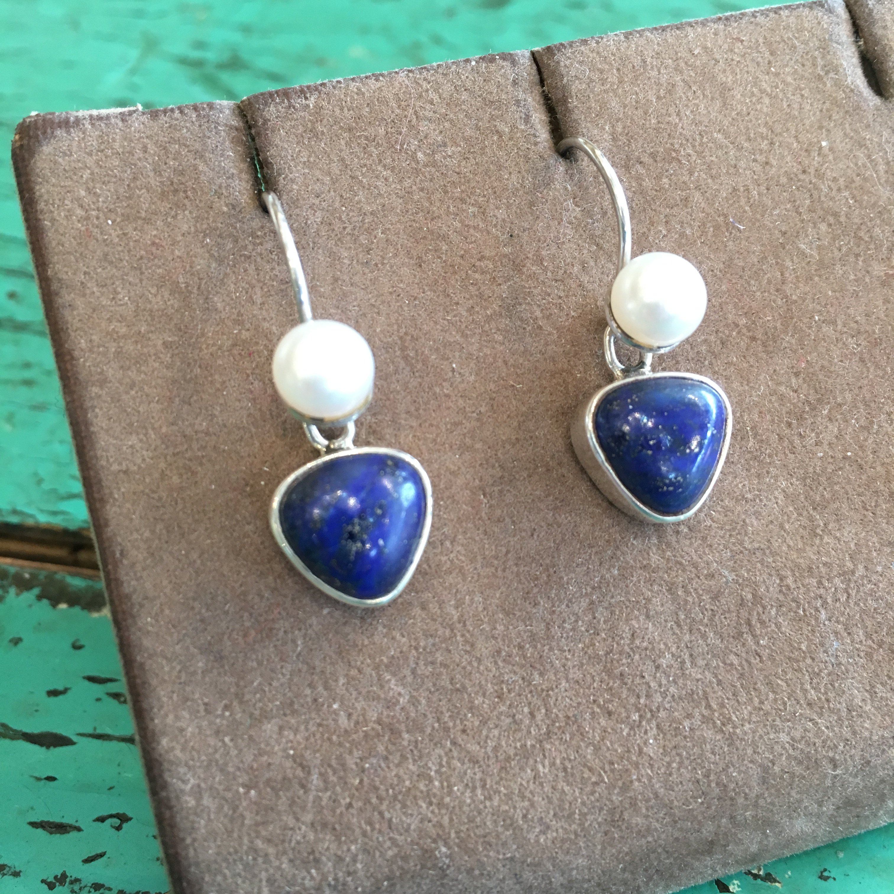 Mexican Small Stone, Pearl and Silver Earring earrings Zinnia Folk Arts Lapiz  