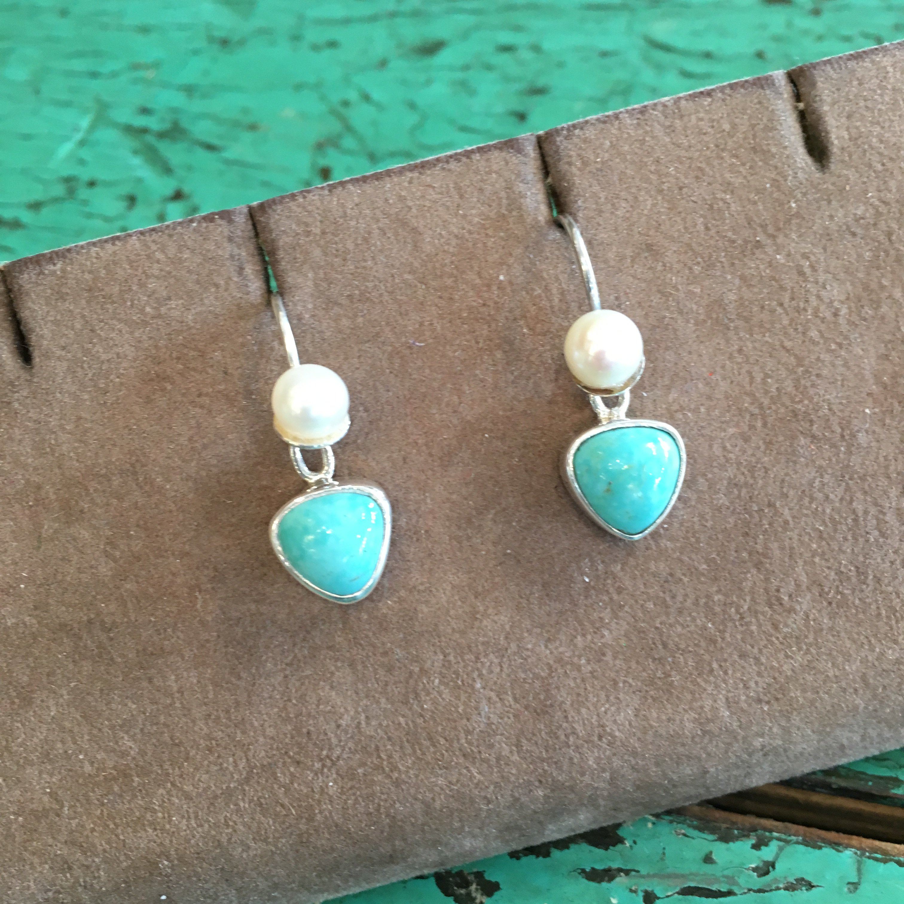 Mexican Small Stone, Pearl and Silver Earring earrings Zinnia Folk Arts Turquoise  