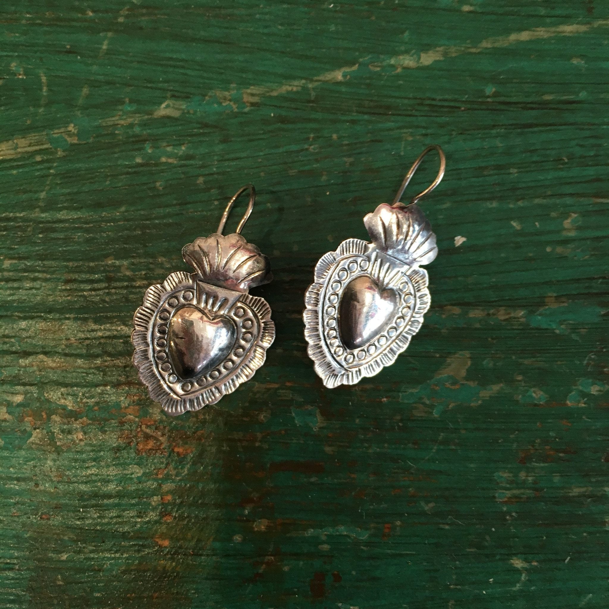 Mexican Sterling Silver Sacred Heart Earrings on French Wires earrings Victor's   