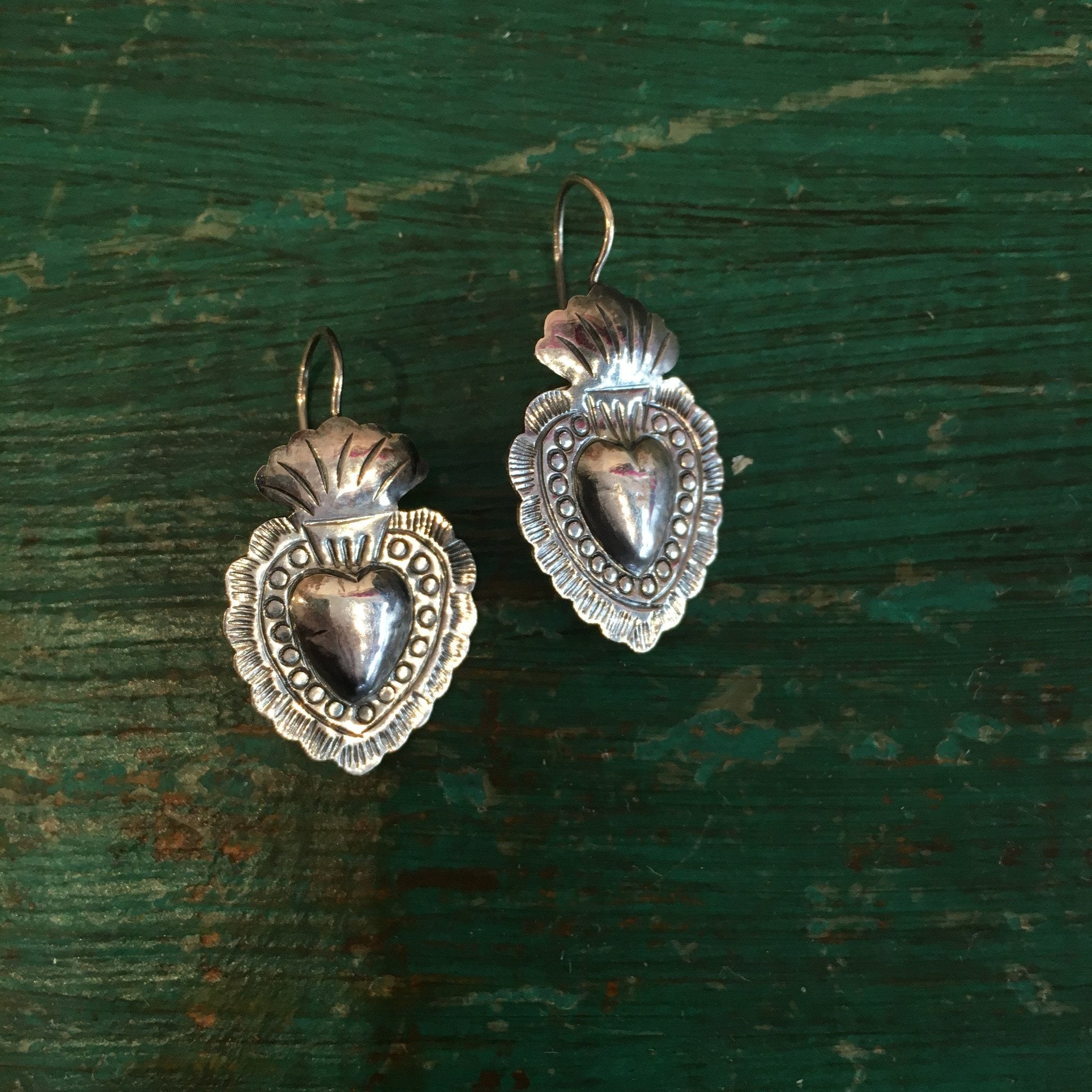 Mexican Sterling Silver Sacred Heart Earrings on French Wires earrings Victor's   