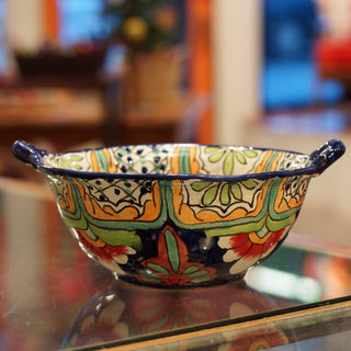 Mexican Talavera Cazuela Bowls with Handles, 12", Ready to Ship Ceramics Zinnia Folk Arts Azul & Rojo  