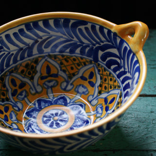 Mexican Talavera Cazuela Bowls with Handles, 12", Ready to Ship Ceramics Zinnia Folk Arts Blue & Saffron  