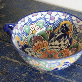 Mexican Talavera Cazuela Bowls with Handles, 12", Ready to Ship Ceramics Zinnia Folk Arts Orange, green and lavender  