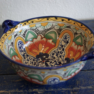 Mexican Talavera Cazuela Bowls with Handles, 12", Ready to Ship Ceramics Zinnia Folk Arts Orange Hibiscus with Blue Rim  