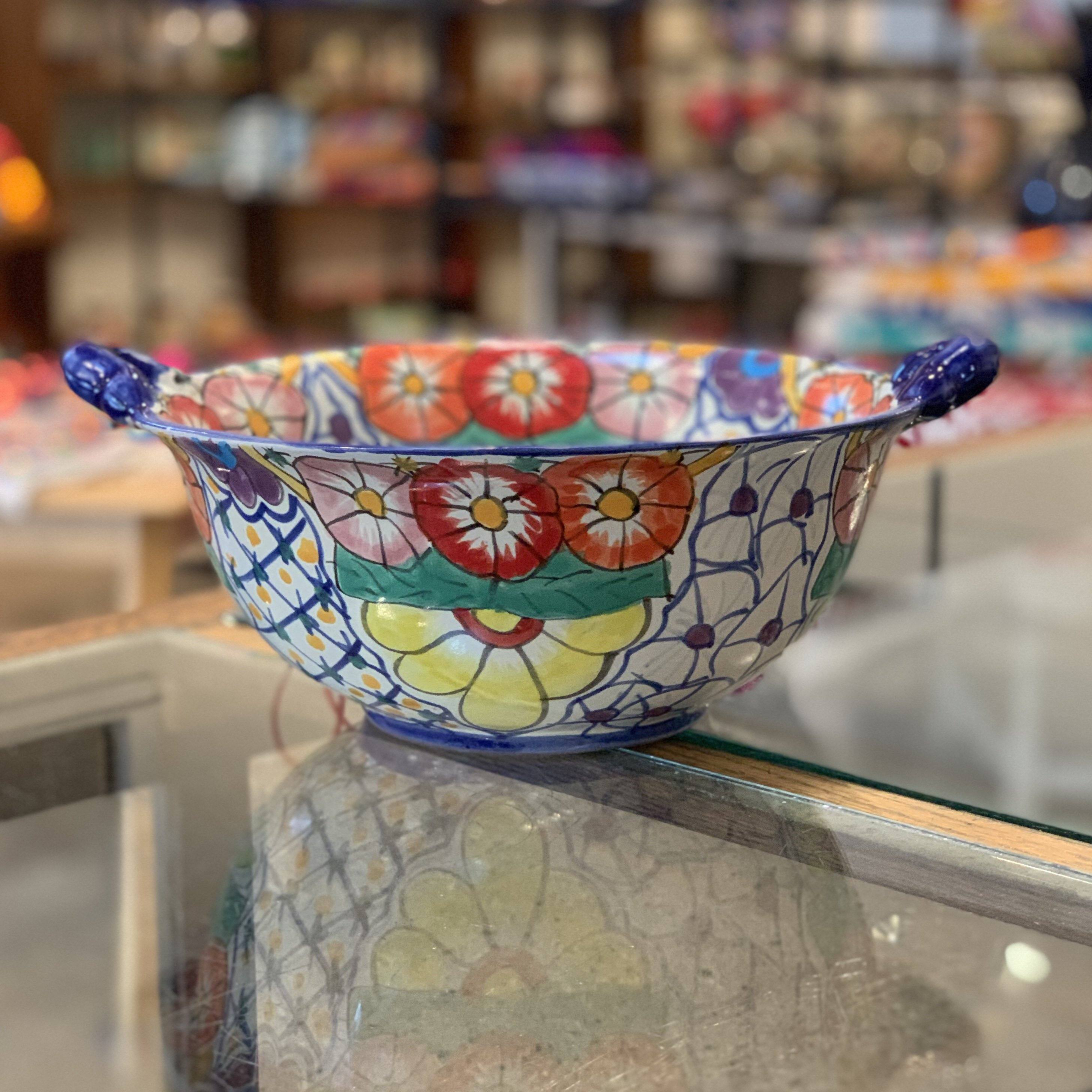 Mexican Talavera Cazuela Bowls with Handles, 12", Ready to Ship Ceramics Zinnia Folk Arts Red Petunia with Yellow  