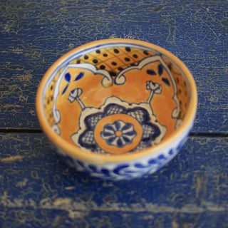 Mexican Talavera Cereal Bowls, Ready to Ship Ceramics Zinnia Folk Arts Blue on Saffron Yellow  