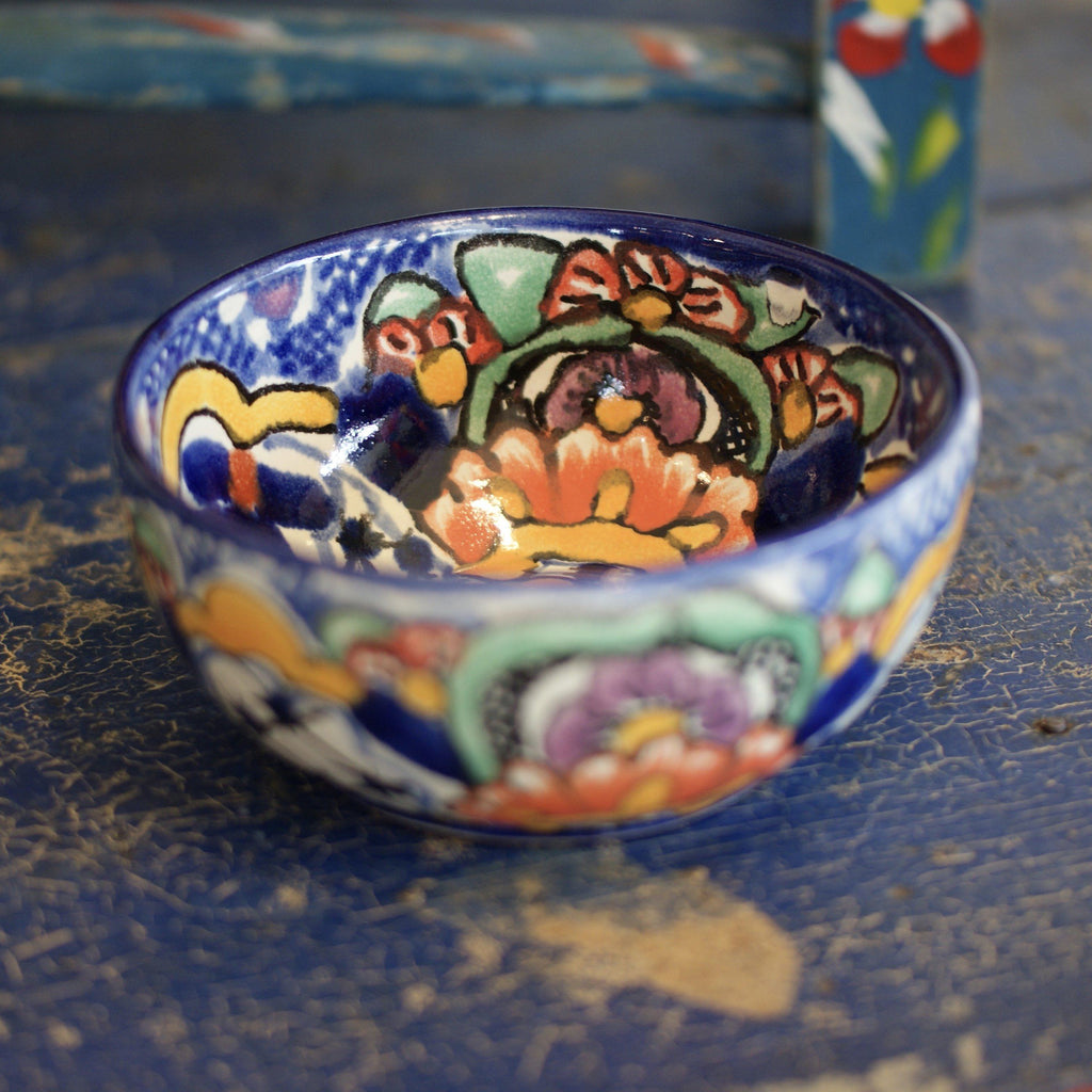 Mexican Talavera Cereal Bowls, Ready to Ship Ceramics Zinnia Folk Arts Bright Orange Flower  